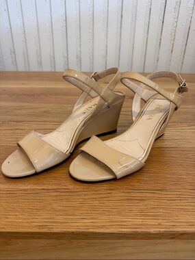 Prada Patent Leather Cipria Nude Wedge Sandal Size 381/2 US 8-8.5